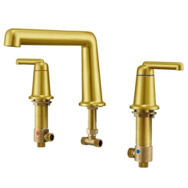 Imagem de Qinkell Torneira de banheira de montagem no convés, enchimento de banheira romana com válvula generalizada, kit de bico de enchimento de banheira de imersão de 3 furos com 2 alças ouro (QC-9907BGZZ02)