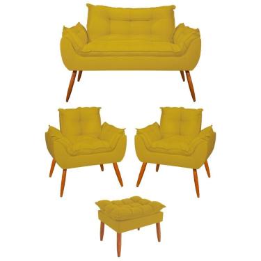 Imagem de Kit 02 Poltronas + Sofá 2 Lugares Com Puff Opala Balaqui Amarelo
