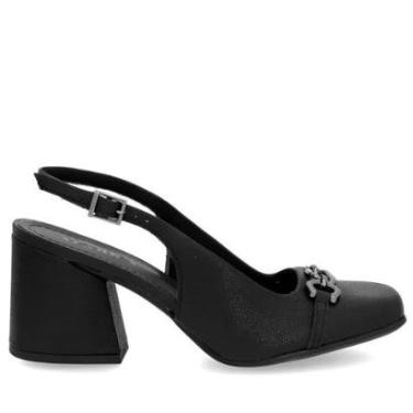 Imagem de Sapato Usaflex Slingback Salto Bloco Couro Enfeite Preto-Feminino