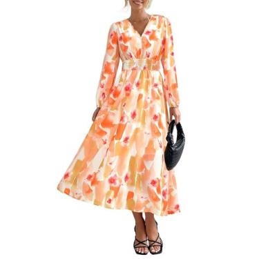 Imagem de Vestido Midi Floral Feminino PRETTYGARDEN com Decote V e Manga Longa