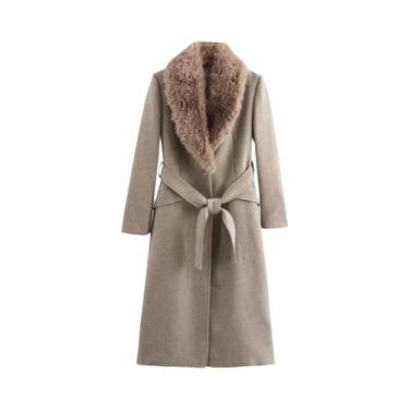 Imagem de Casaco Feminino De Lã Com Gola De Pele E Cinto, Abotoamento Simples, O
