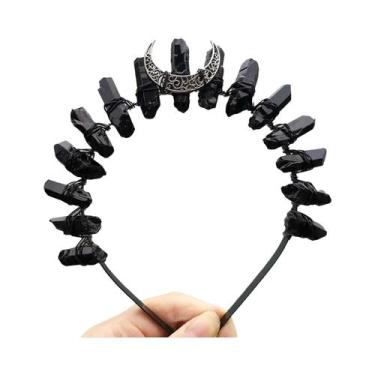 Imagem de Tiara De Noiva Gótica De Quartzo Cristal Preto Coroa De Corvo Bruxa Wi