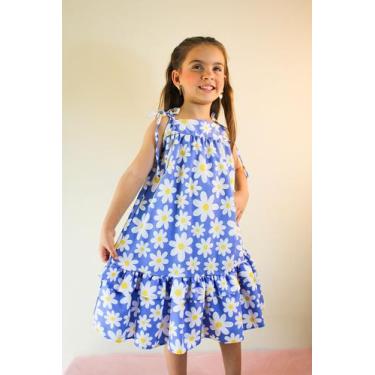Imagem de Vestido De Alça Azul Claro e Margarida Branca Se Tu Benção Rodado Solt