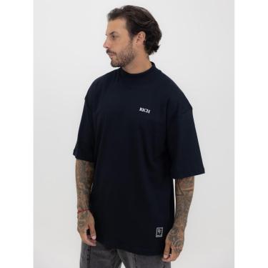 Imagem de Camiseta Oversized Gola Alta Estampada Básica Alto Relevo no Peito Streetwear Algodão Premium Preto-Masculino