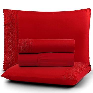 Imagem de Jogo De Lençol Casal Nobless Bordado Micropercal 200 Fios Toque De Algodão 4 Peças Verm...