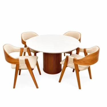 Imagem de Mesa de Jantar Dara 110cm Redonda com Vidro e 4 Cadeiras Perola em Lin