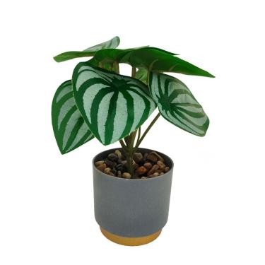 Imagem de Arranjo Decorativo Artificial Folhagens com Vaso Cinza e Dourado 16cm Realista