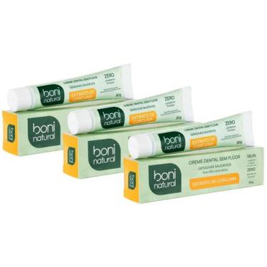Imagem de Kit 3 Creme Dental Boni Natural Sem Fluor Curcuma Hortela Antisseptico