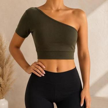 Imagem de Cropped Feminino Um Ombro Só Manga Curta Barra Liso Academia Fitness S