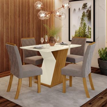 Imagem de Conjunto Sala de Jantar Tampo MDF Canto Reto com Vidro 120 Cm 04 Cadeiras Lupita Casa 812 - Off White com Nature e Marrom Amêndoa