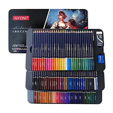 Imagem de Wemay Conjunto profissional de lápis de aquarela NYONI 12/24/36/48/72/100 Lápis de cor solúveis em água com pincel e caixa de metal Material para arte para crianças Estudantes Artistas Adultos para