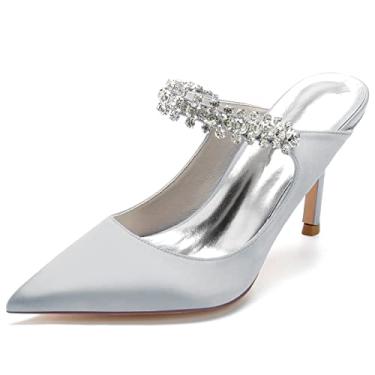 Imagem de Sapato feminino Slingback Maryjane 8,5 cm salto alto de casamento bico fino strass festa trabalho nó de formatura, Prata, 9.5