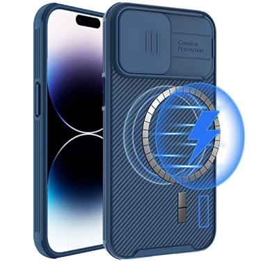 Imagem de Gogobuy Capa magnética para iPhone 14 Pro, compatível com carregador MagSafe, capa deslizante, proteção da câmera, antiqueda, silicone à prova de choque, capa traseira de policarbonato rígido para Apple 14 Pro (azul)