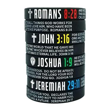 Imagem de Nuzabee Pacote com 8 pulseiras cristãs de silicone para versículos da Bíblia | Presentes religiosos Pulseiras de borracha para homens, mulheres, adolescentes | Strength Faith Belief Hope | Mensagens positivas e inspiradoras, Silicone