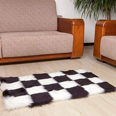 Imagem de Tapete de área falsa xadrez felpudo lavável tapete de pilha longa antiderrapante protege o chão para sala de estudo banheiro varanda quarto infantil sofá cadeira, preto, 60 * 120 cm