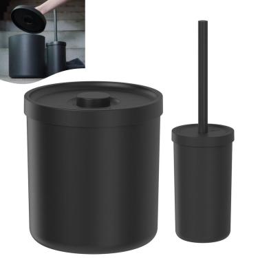 Imagem de Kit Lixeira 6 Litros e Porta Escova Sanitária Preto Fosco Banheiro Bold - KTE 132 Ou