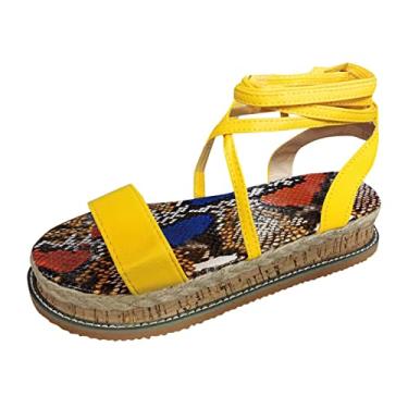 Imagem de Sandálias femininas lisas com cadarço plataforma chinelos moda sandálias femininas de praia sapatos de dedo do pé nó romano sandálias femininas abertas (amarelo, 9,5-10)