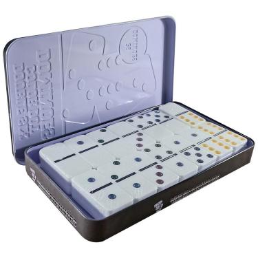 Imagem de Jogo Dominó Osso Resinado 28 Pedras de 9mm Coloridas Não Pinadas em Estojo Metálico