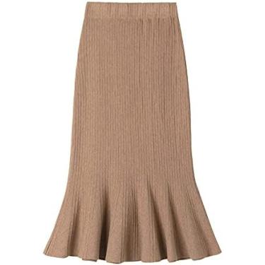 Imagem de Saia Fishtail Feminina Malha - Saia Envoltória De Quadril Apertada Saia Midi Comprimento Da Panturrilha, Elegante Bainha Fishtail Saia Longa, Saia De Tricô Grossa De Inverno Para Senhoras,cáqui,Um