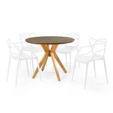 Imagem de Conjunto Mesa de Jantar Redonda Marci Premium Natural 100cm com 4 Cadeiras Allegra - Branco