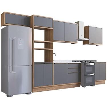 Imagem de Cozinha Completa 100% Mdf Modular Édez Une, 11 Portas, 3 Gavetas e Tampo, Grafite e Louro Freijo