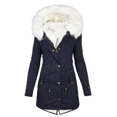 Imagem de BFAFEN Casacos femininos quentes de inverno com capuz jaqueta parca militar espessa jaqueta de algodão forrada com lã casual, Azul marino, XXG