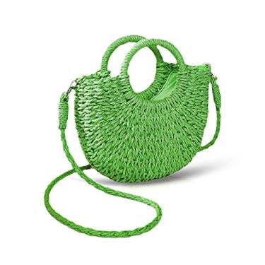 Imagem de QTKJ Mini bolsa de palha de vime semicírculo, bolsa de ombro feminina retrô de verão tecida à mão bolsa de ombro bolsa de viagem para praia, Verde escuro, 6.29''x 9.84''