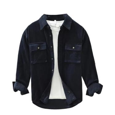 Imagem de WOLONG Camisas masculinas de veludo cotelê de algodão sólido, gola virada para baixo, manga comprida, camisa de outono, 6631 Azul Drak, P