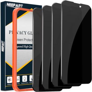 Imagem de NEEPART Pacote com 4 protetores de tela de privacidade para iPhone 15 Pro [6,1 polegadas], proteção de sensor, compatível com ilha dinâmica, película de vidro temperado privada antiespião 9H,