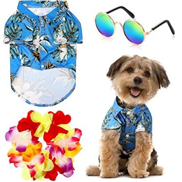 Imagem de 3 peças de fantasia havaiana de cachorro pequeno, camisetas legais de Halloween, roupas de verão com óculos de sol retrô e grinalda colorida, camisas havaianas, fantasia para cães pequenos a médios