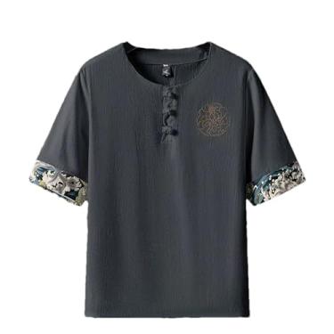 Imagem de Blusa masculina casual de algodão e linho solta manga curta camiseta masculina casual de verão, Camiseta masculina cinza, G