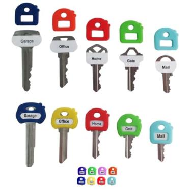Imagem de Capas de tampa de chave de etiqueta. Chaveiro e etiquetas grátis. Material elástico. Tamanho único para a maioria das chaves. Etiquetas em branco e impressas (multicoloridas pacote com 8)