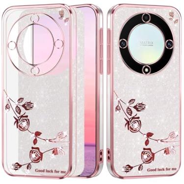 Imagem de Yarxiawin Capa para Honor Magic 6 Lite Capa de telefone transparente com glitter estético brilhante Honor Magic 6 Lite para mulheres silicone TPU macio floral transparente à prova de choque rosa fino