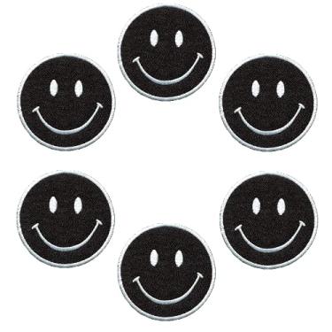 Imagem de XOmise Lote de 6 peças, cor preta, emoji, sorriso, retrô, hippie, faça você mesmo, ferro em adesivos bordados