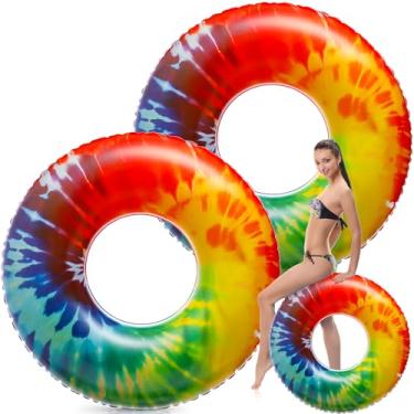 Imagem de Simgoing 2 anéis flutuadores infláveis jumbo, boia de tubo tie dye, 120 cm, boia grande colorida para adultos, arco-íris, brinquedo flutuante para adultos, verão, piscina, praia, festa, suprimentos