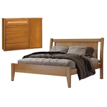 Imagem de Conjunto Quarto de Casal Cama Queen em Madeira Maciça e Cômoda 5 Gavetas com Sapateira Rattam Amêndoa Mel