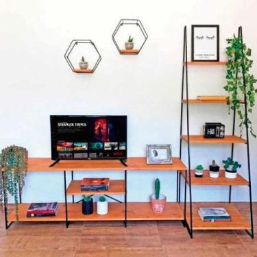 Imagem de Kit Rack de TV Industrial 1,50m e Estante Escada Slim 5 Prateleiras Fe