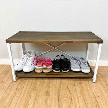 Imagem de Sapateira Banco Style de Ferro e Madeira Industrial Tabaco e Branco - 