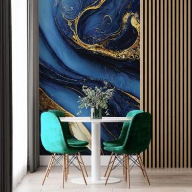 Imagem de Papel de Parede Painel 3D Mármore Azul com Dourado 2M Revestimento Ped