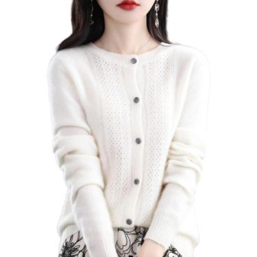 Imagem de Suéteres cardigã primavera e outono vazados de lã cardigã feminino com gola redonda suéter de caxemira tricotado sem costura camisa de fundo torre externa, branco quente, M