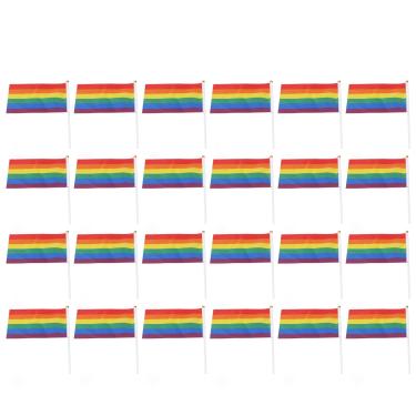 Imagem de 24 conjuntos mini bandeira do orgulho do arco-¨ªris,bandeira policrom¨¢tica LGBTQ m?o acenando orgulho gay orgulho l¨¦sbicas bandeira com padr?o de dupla face para presentes de decora??o de jardim,