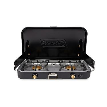 Imagem de Coleman 1900 Collection Fogão de acampamento a propano 3 em 1, acessórios de grelha e chapa de ferro fundido incluídos, 24.000 BTUs em 2 queimadores ajustáveis com protetores de vento e iluminação