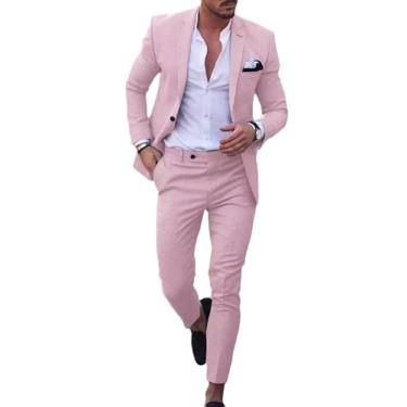 Imagem de UNINUKOO Conjunto masculino de 2 peças, conjunto de calça blazer de linho, verão, roupa de praia, casamento, férias, formaturas para homens, Rosa claro, P