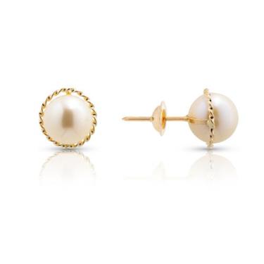Imagem de Brinco Fio Torcido de Ouro 18K com Pérola Natural de 7mm - Adriajp Joi
