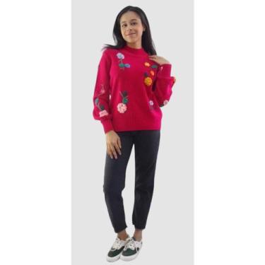 Imagem de Blusa de frio Pink com flores de crochê - Tomasini Tricot