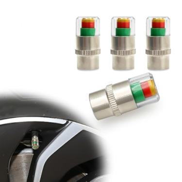 Imagem de 4 peças de monitor universal de pressão de pneu de carro, tampas de haste de válvula, indicador de sensor de alarme de 3 cores, tampas de haste de válvula universais para carros, SUVs, caminhões