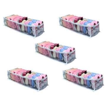 Imagem de 5 Colmeia Organizadora Gaveta Roupa de Bebê, Cueca Box, Biquini e Calcinha - P2 40x15x10 - Plástico Grosso e Acabamento Reforçado em Tecido Poliéster Branco - Organizador de Comodas e Gavetas.