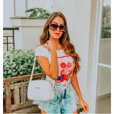 Imagem de Bolsa De Couro Feminina Transversal Quadrada Branca Com Alça Regulável