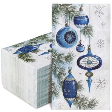 Imagem de AnyDesign Pacote com 100 guardanapos de Natal descartáveis vintage azul bola de natal ramo de pinheiro guardanapos de papel jantar de inverno guardanapo de mão para artigos de festa de Natal de