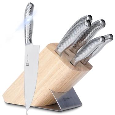 Imagem de Conjunto de facas de 7 peças com bloco de facas, faca de chef prateada com cabo de aço inoxidável, conjunto de facas de cozinha com padrão especial de favo